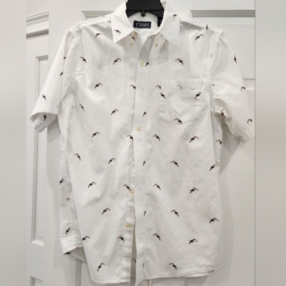 CHAPS 100% Cotton Parrot Summer Collared Button Shirt White Men's Large L EUC - Picture 3 of 10